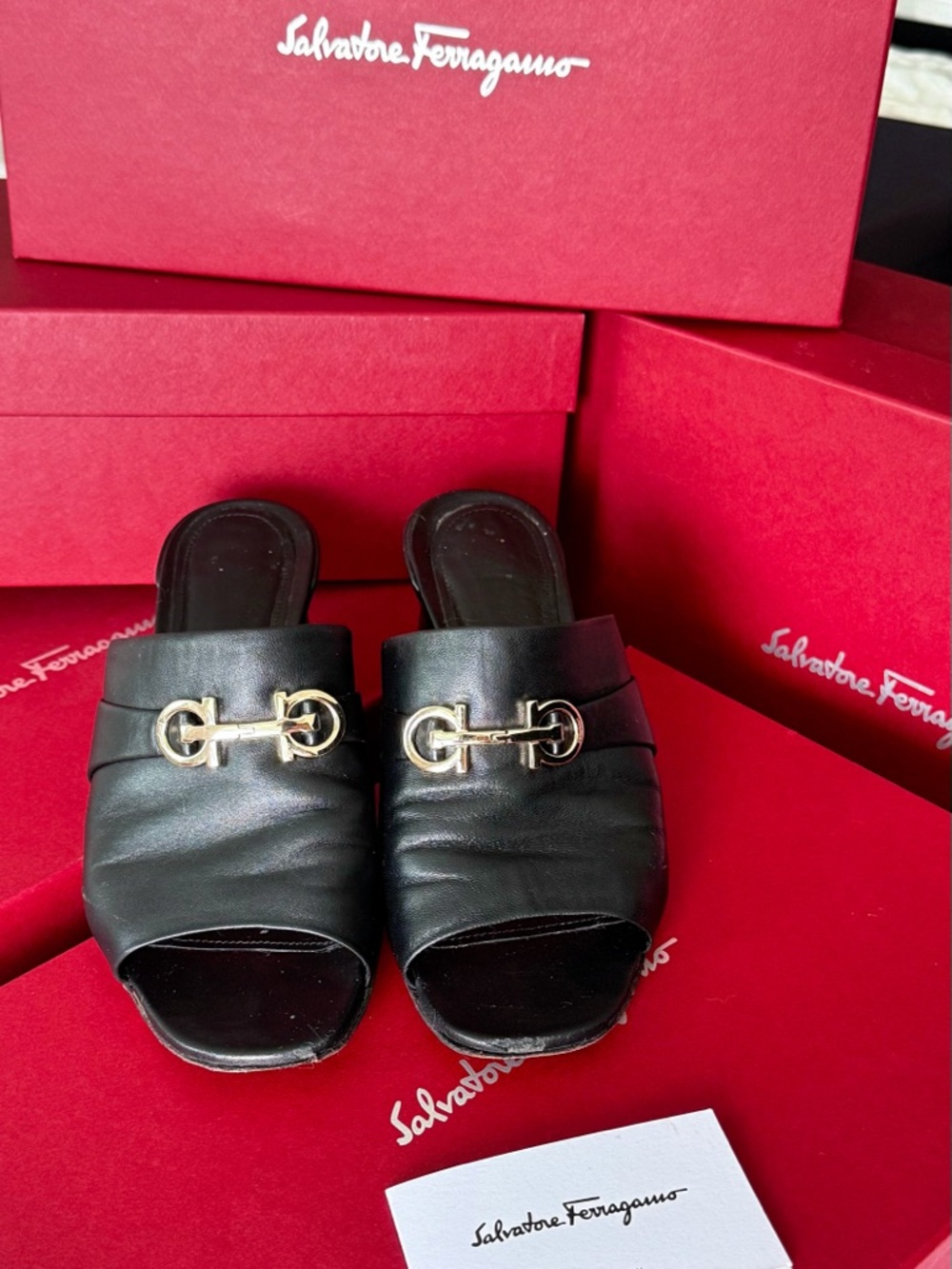 Salvatore Ferragamo Black Leather Slide Mules with Gold Hardware